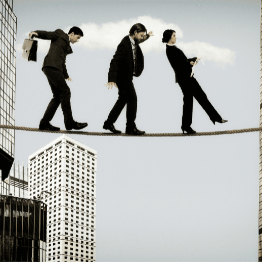 A group of professionals walking cautiously on a tightrope stretched between tall buildings, representing the balance and risks associated with entrepreneurship.